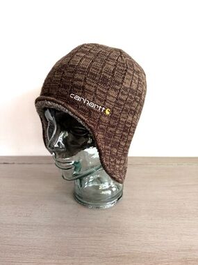 Carhartt Akron Sherpa Lined Beanie Hat w/ Ear Flaps Brown Knit Winter Cap